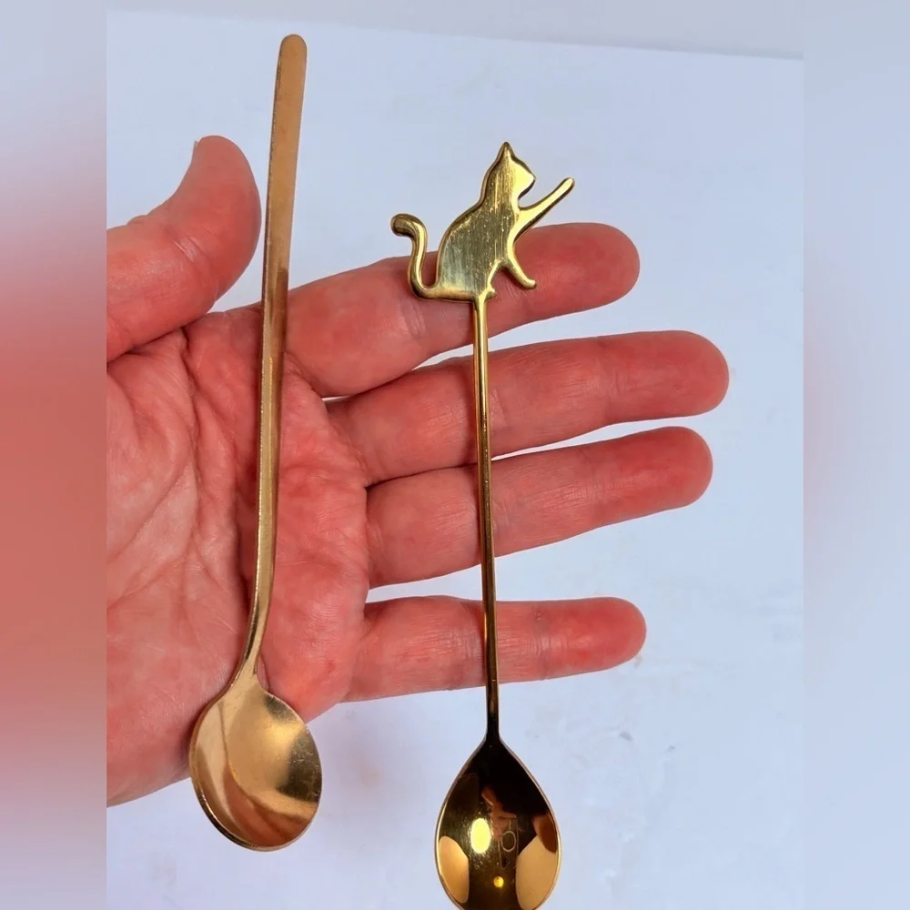 Vintage Gold Colored Cat Stirring Spoon and Regular Spoon